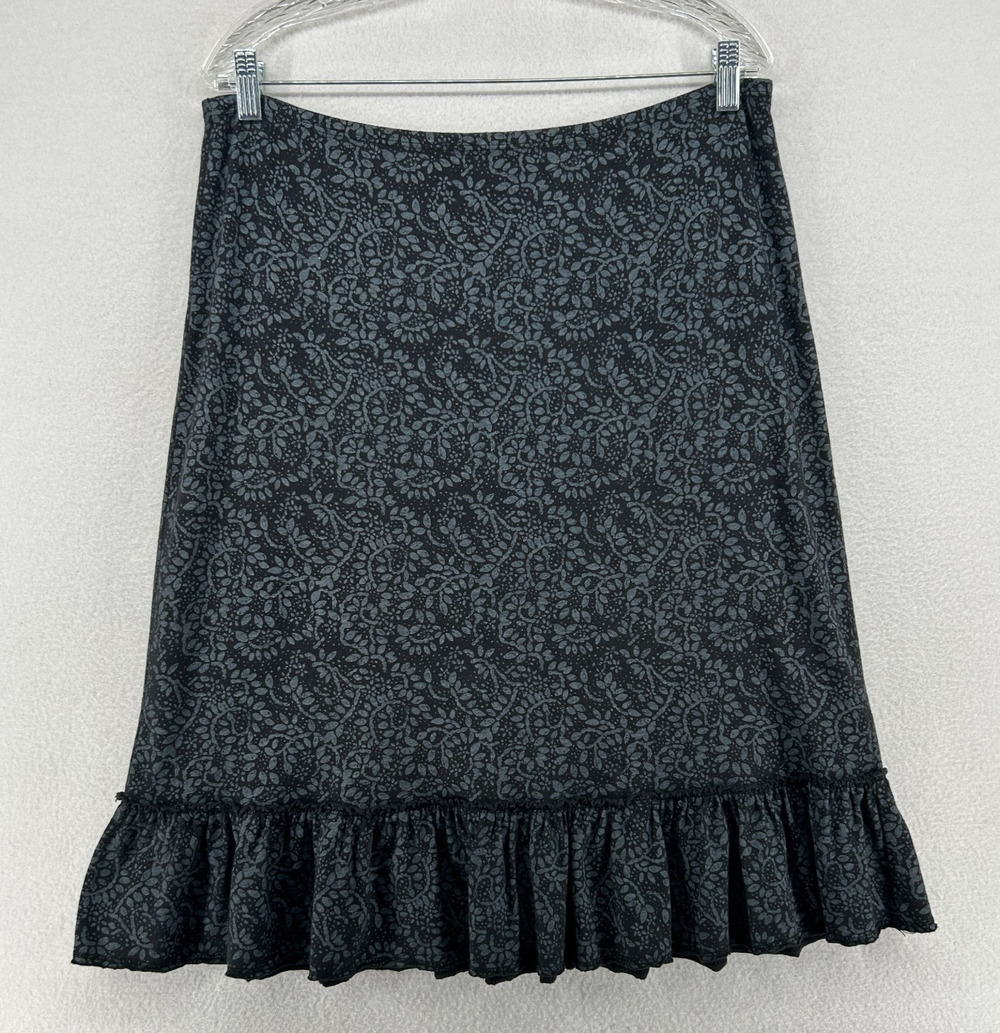 FRESH PRODUCE Skirt M Floral Peplum A-Line Knee Length Pull On Cotton Gray USA